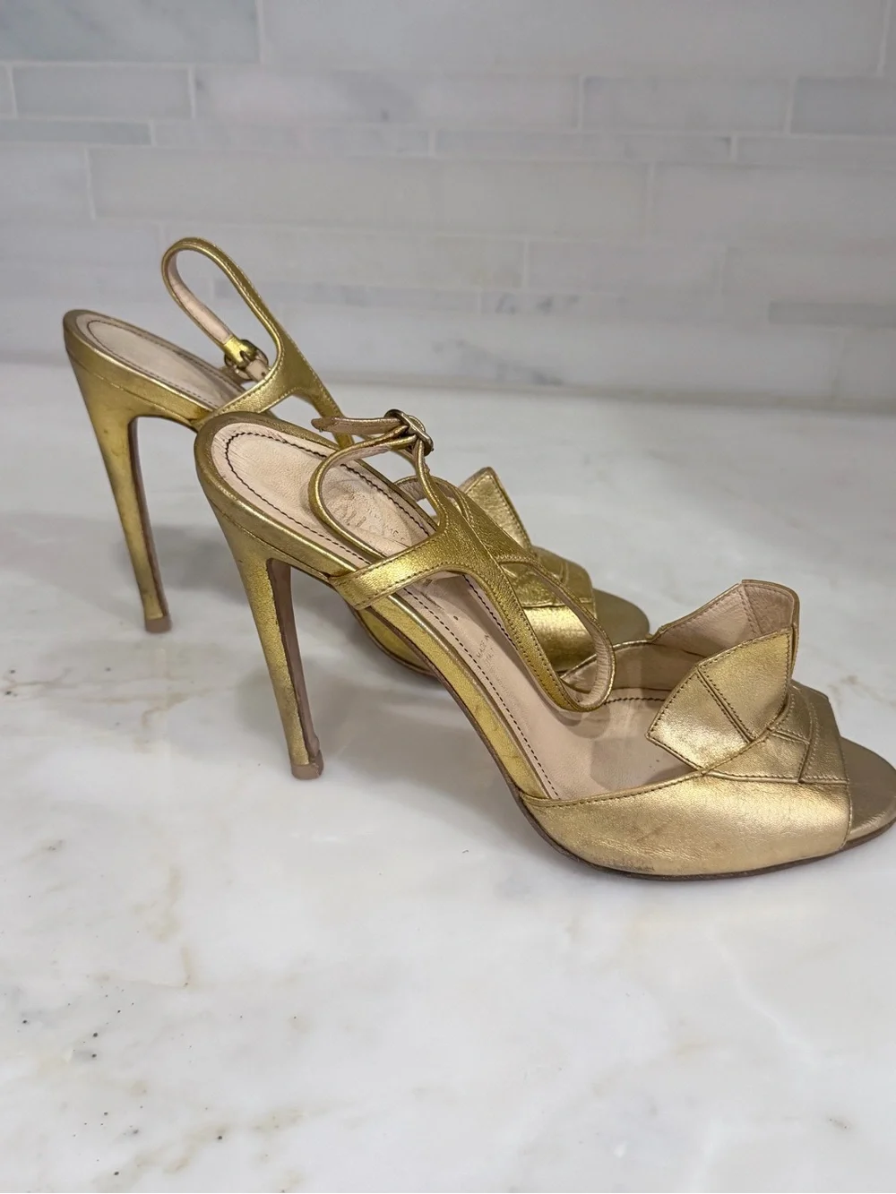 Jerome C. Rousseau gold leather peep-toe sandals